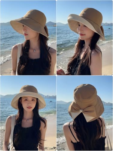 Women Bowknot Wide Brim UPF50+ Foldable Travel Beach Sun Hat - color: Khaki