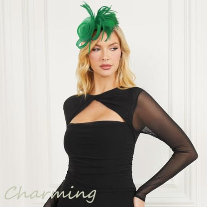 DRESHOW Fascinators Hats for Women Tulle Feather Tea Party Fascinator Hats - color: Green