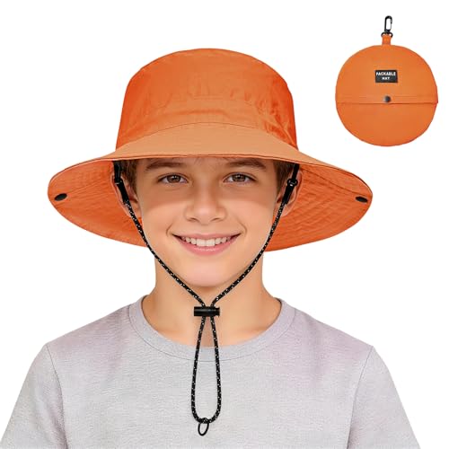 Zando Packable Kids Sun Hat UPF 50+ Girls Boys Beach Bucket Hat Summer - color: Bright Orange, size: 8-12 Years