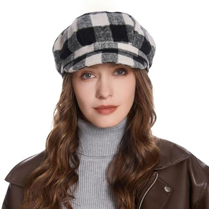 ZLYC Women Classic Newsboy Cap Visor 8 Panel Gatsby Cabbie Paperboy Hat - color: (Plaid) White