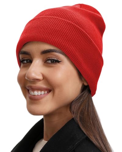 vidsel 100% Cotton Beanie Hat-Unisex Winter Knit Cuffed Beanies Skull Cap - color: 1-red