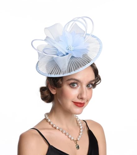SAFERIN Elegant Women's Fascinator Hat with Veil and Feather Hair Clip Headpiece for Weddings Tea Party - color: St59-light Blue