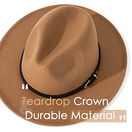 Lisianthus Women Classic Felt Fedora Wide Brim Hat with Belt Buckle - color: Q Black Belt-khaki