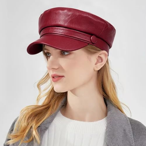 Women PU Leather Newsboy Cap Vintage Military Flat Top Beret Style Hat - color: Wine Red