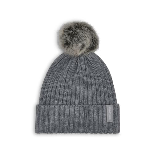 Calvin Klein Women's Faux Fur Pom Winter Beanie with Velboa Fleece Lining - color: Heather Mid Gray