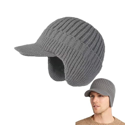 Unisex Cozy Head Beanie with Brim and Ear Flaps - color: Gray