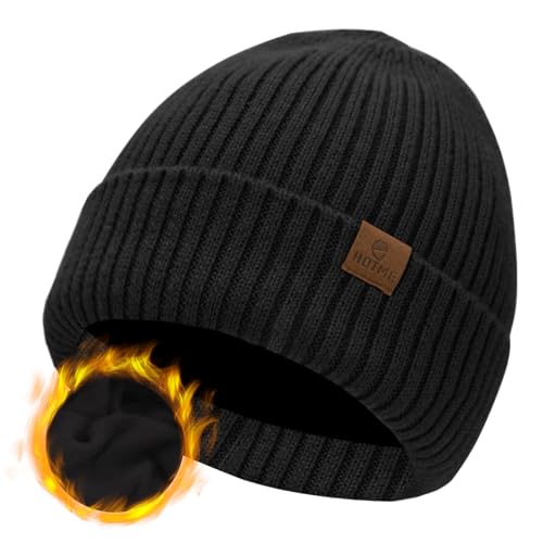 ZTL Merino Wool Beanie Hat for Men Women, Thick Warm Fleece Lined Knit Winter Hats Cuffed Beanie Stocking Hat Ski Skull Cap - color: Black
