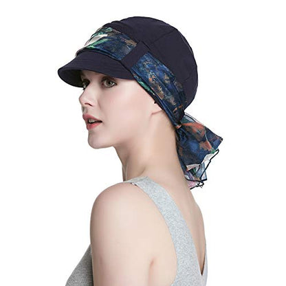 Alnorm Breathable Cotton Hat and Scarf Set Chemo Headwear for Women - color: Navy Peach Blossom