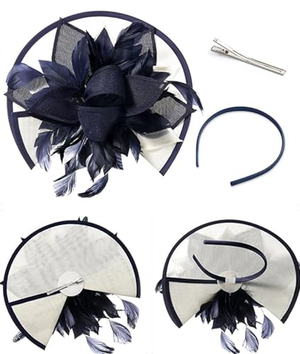 ORIDOOR Women Fascinators Derby Church Tea Party Wedding Flower Feathers Headpiece with Headband Clips - color: 02-navy Blue White