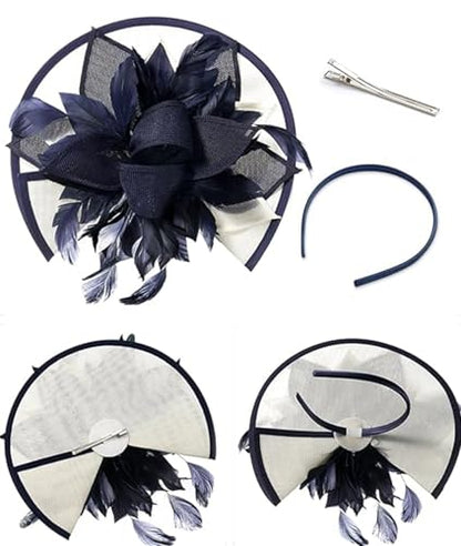 ORIDOOR Women Fascinators Derby Church Tea Party Wedding Flower Feathers Headpiece with Headband Clips - color: 02-navy Blue White