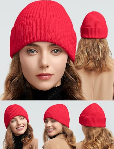 vidsel 50% Wool Thick Beanie Hat Men Women, Seamless Cuffed Winter Knit Cap - color: 1pcs Red