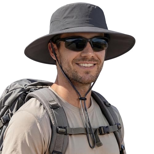 Home Prefer UPF50+ Mens Sun Hat Wide Brim Fishing Hat for Men UV Protection Womens Beach Bucket Hat for Golf Hiking Gardening - color: Dark Grey