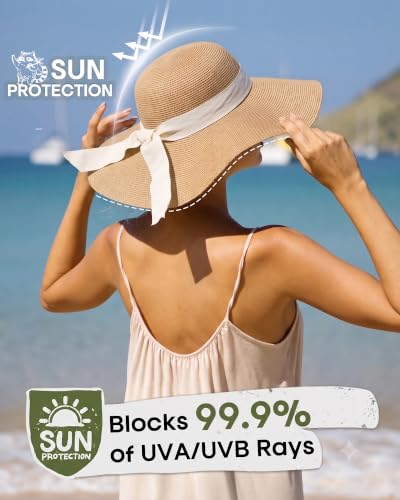 FURTALK Womens Sun Straw Hat Wide Brim Floppy Summer Beach Hats for Women - color: Khaki With Beige Band, size: Medium-Large