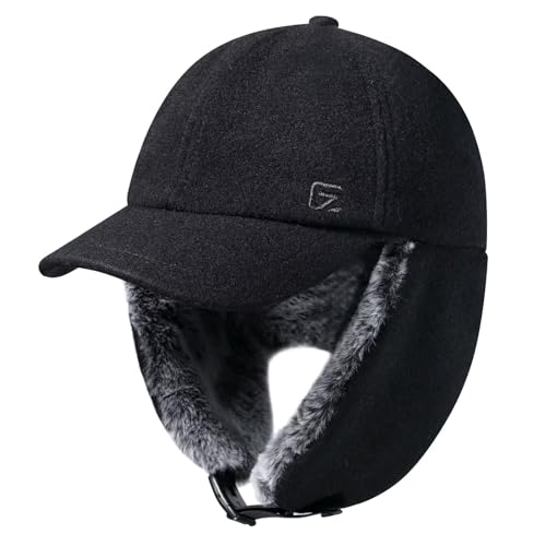 GADIEMKENSD Unisex Winter Wool Baseball Cap with Faux Fur Lined Ear Flaps, Trapper Hat with Reflective Line - color: Black