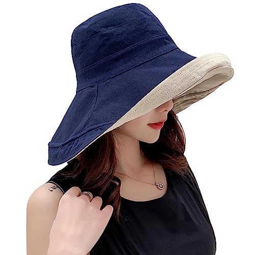 Women Wide Brim Sun Hats Metal Wired Edge Summer UV Protection Beach Fishing Hat for Hiking Garden Travel Chin Strap - color: Lant001-navy, size: One Size