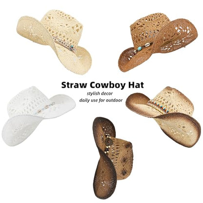 Straw Cowboy Hat for Women and Men with Shapeable Wide Brim Sun Beach Western Cowgirl Hat - color: White-m