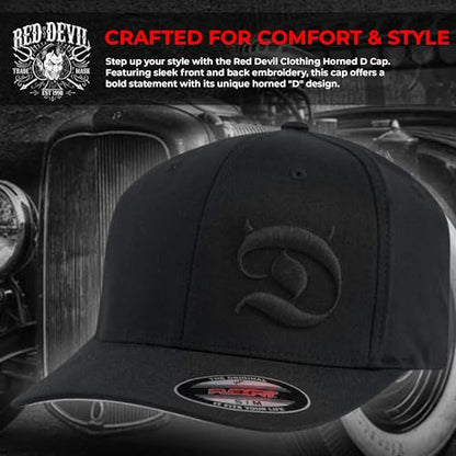 Horned D Flex Fit 6-Panel Men's Cap – Pull-On Baseball Hat with Curved Bill, Cotton/Poly/Spandex Blend – Black - size: Large-X-Large