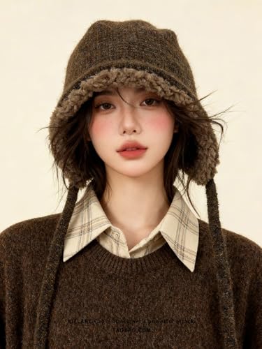 Women Winter Fleece Beanies Hat with Ear Flaps Soft Warm Crochet Skull Cap - color: A Coffee