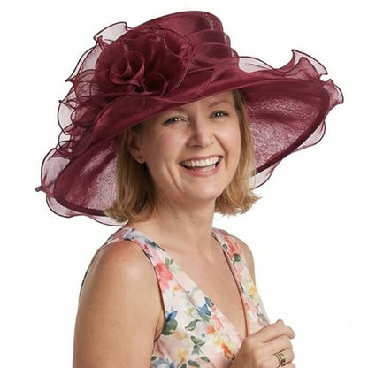Janey&Rubbins Women's Feathers Floral Fascinating Wide Brim Lightweight Church Derby Hat - color: Burgundy