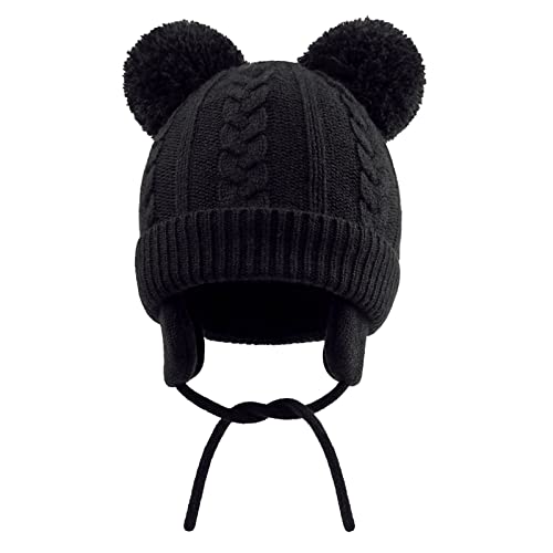Duoyeree Toddler Winter Hat, Earflap Double Pom Pom Knit Beanie 0-36M - color: Black, size: 0-6 Months