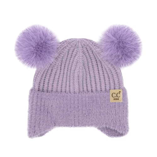 C.C Kids Ear Flap Fur Pom Beanie for Boys Girls - Comfortable Soft Warm Children Youth Knit Skully Hat with Faux Fur Pom - color: Double Pom - Lavender
