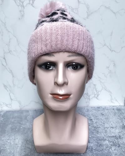Unisex Adult Fuzzy Leopard Print Hat Cuffed Knitted Winter Warm Beanie with Faux Fur Pompom - color: Camel