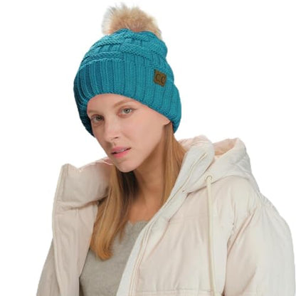 C.C Knit Beanie Hat – Fuzzy Fleece Lined Warm Winter Hat, Faux Fur Pom Soft Stretchy Slouchy Knit Cap, Cold Weather Beanie - color: Teal Blue