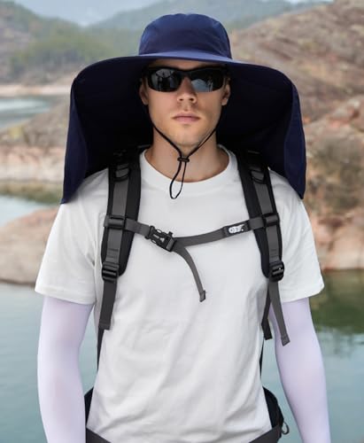 HUAMULAN Women Men Wide Brim Sun Hat Hiking Fishing Hats with Neck Flap - color: Navy With Mesh Panel