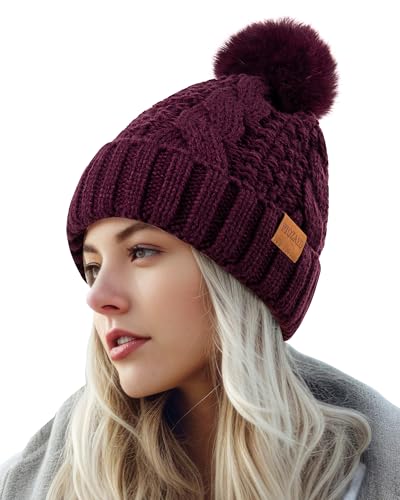 Women's Winter Pompom Beanie Warm and Cozy Knit Hat Fleece Lining Skull Cap for Women - color: Purple
