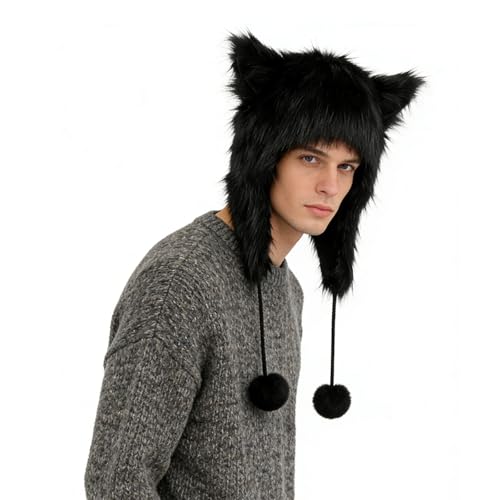 PURFUN Fuzzy Faux Fur Full Hood Trapper Hats with Animal Ear, Adults Halloween Cosplay Roleplay Cat Wolf Ear Hooded Hats - color: Black