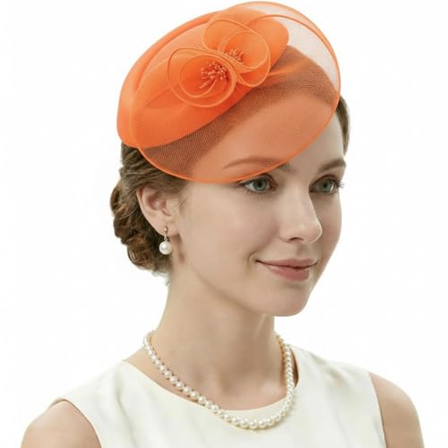 DRESHOW Fascinator Hats for Women Cocktail Tea Party Hat Netted Pillbox Hat Vintage Derby Hats for Bridal Wedding - color: Pillbox Hat: Orange