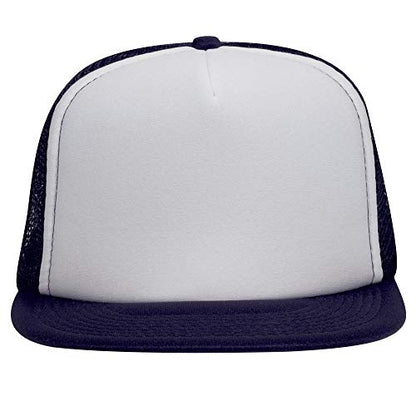 OTTO SNAP Round Flat Visor High Crown Mesh Back 5 Panel Trucker Snapback - color: Nvy/Wht/Nvy