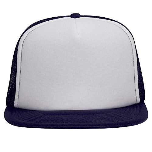 OTTO SNAP Round Flat Visor High Crown Mesh Back 5 Panel Trucker Snapback - color: Nvy/Wht/Nvy