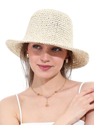 sy soul young Women's Straw Sunhat Wide Brim Hand Woven Beach Bucket Hat - color: Beige & Khaki