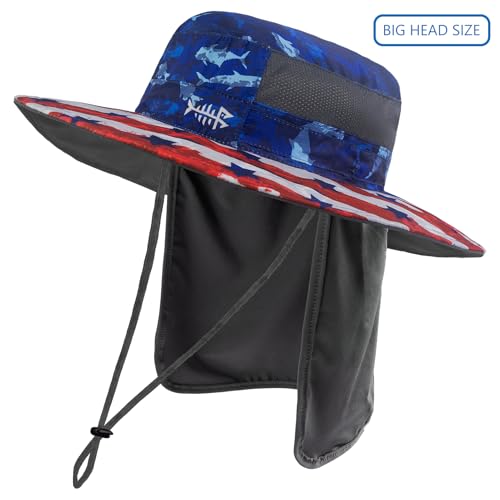 BASSDASH UPF 50+ Sun Fishing Hat Water Resistant with Detachable Neck Flap - color: Americana - Big Head Size