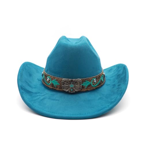 Western Cowboy Hat for Men Cowgirl Hat for Women Wide Brim Felt Fedora Hats Classic Cowboyhat with Buckle Belt - color: Peacock Blue