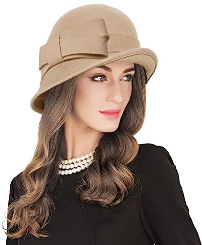 Z&X Women Winter Wool Felt Cloche Bucket Hat 1920s Vintage Gatsby Hat Elegant Bow Church Wedding Hat - color: 026 Khaki