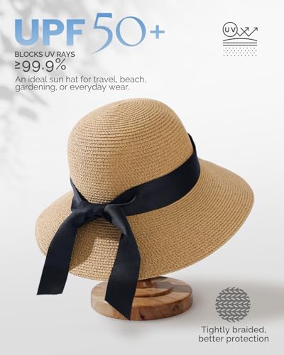 Womens Straw Beach Sun Hat, UV Protection UPF 50+, Lightweight Straw Bucket Hat, Summer Travel - color: Khaki-ribbon, size: Medium