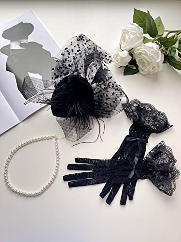 GurZinn Fascinator Hat Veil Feather Fascinator Tea Party Bridal Wedding Veil Pillbox Hat - color: Black Hat&glove&necklace