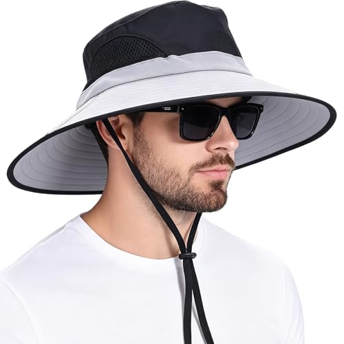 Wide Brim Sun Bucket Hat, Waterproof Boonie Hat for Men & Women - color: 02 Light Grey+black