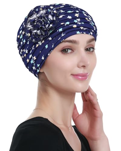 Alnorm Flower Design Chemo Hair Loss Caps Cancer Headwear for Women - color: Blue Green