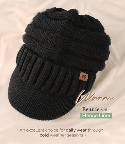 Women Men Winter Beanie Hat with Visor, Warm Fleece Lined Beanie Cap, Thick Knit Cap Slouchy Hat with Brim - color: Black