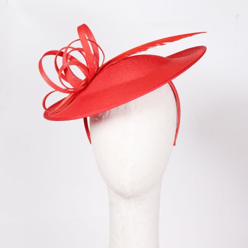 Women's Fascinators Feather Polyester Kentucky Derby Saucer Hats with Headband - color: Red