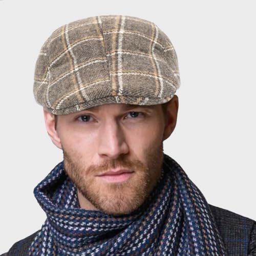 Ivy Newsboy Cap for Men - Vintage Gatsby Style Flat Cap, Classic Driving Hat - color: Large Grid Coffee