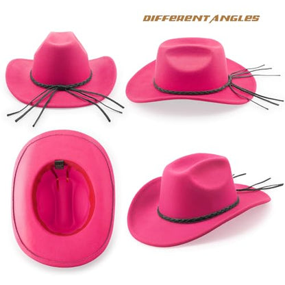 DRESHOW Western Cowboy Hat for Men Women Cowboy Cowgirl Hat Outdoor Wide Brim Retro Felt Fedora Hats Unisex Rolled up Caps - color: 1 Pack Style 9: Hot Pink With Braided Band