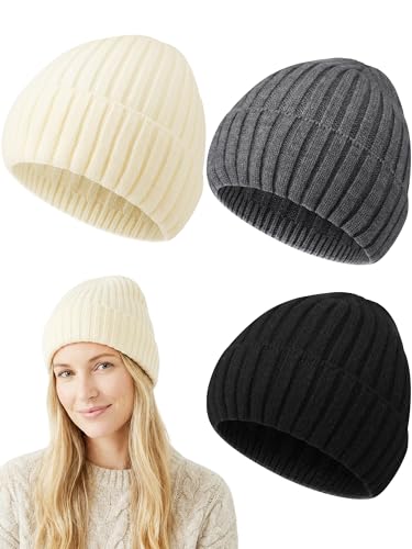 Shihanee 3 Pack Wool Knit Beanie Hats Ribbed Cuffed Winter Slouchy Hats