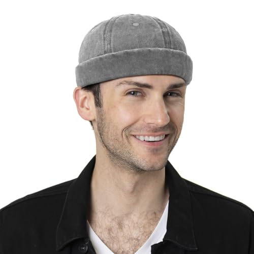XYIYI Washed Cotton Brimless Hats for Men Vintage Docker Beanie Cap Rolled Cuff Skullcap - color: Grey