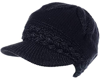 BYOS Womens Winter Chic Cable Warm Fleece Lined Crochet Knit Hat W/Visor Newsboy Cabbie Cap - color: Braided Front Black