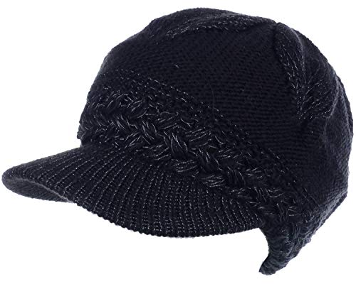 BYOS Womens Winter Chic Cable Warm Fleece Lined Crochet Knit Hat W/Visor Newsboy Cabbie Cap - color: Braided Front Black