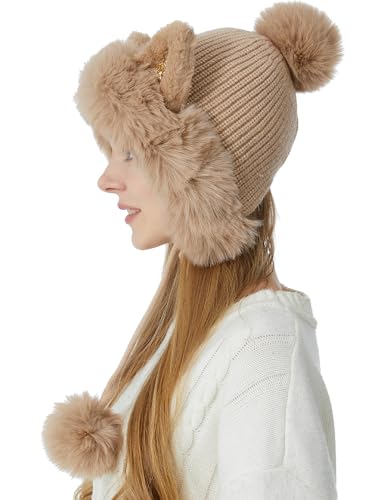 Womens Beanie Winter Hats Warm Pompom Faux Fur Crochet Skull Ear Cap - color: Khaki